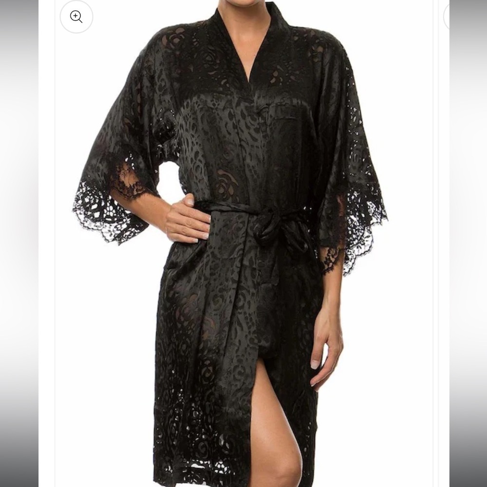 Lise Charmel Dressing Robe Floral Kimono Black Burnout Rose size small no belt